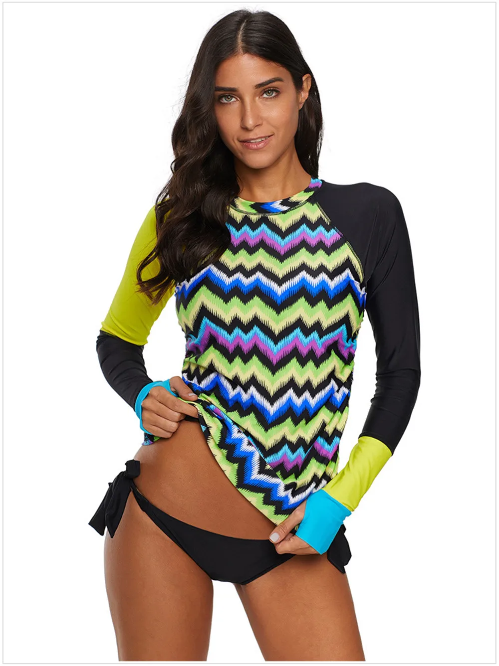 2020 Womens Long Sleeve Rashguard Geometric Print Shirt Side Ties Color Block Two Piece Tankini Swimsuit 410485 (24)