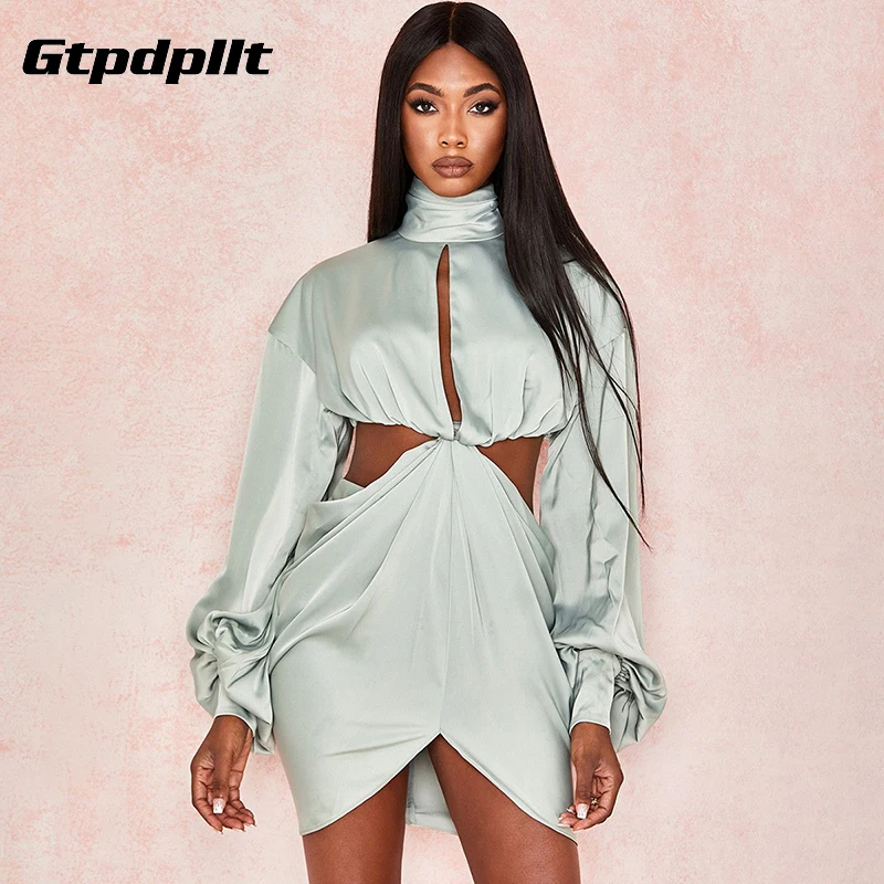 

Gtpdpllt Satin High-collar Autumn Dress Women Hollow Out Backless Party Dress Long Sleeve Mini Vestidos Summer Bodycon Dresses