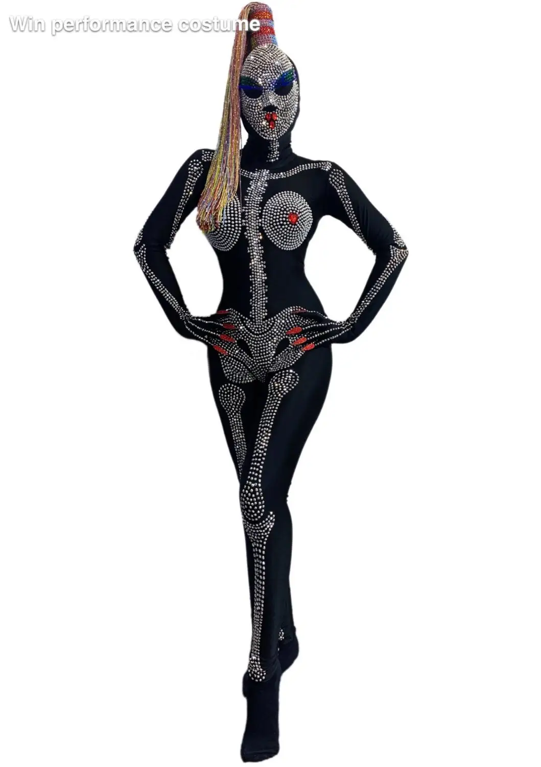 Halloween Outfit Bodysuit Singer Party Show Shining Wear Stage Rhinestone Costume Skull mask headgear Cosplay Adult Scary