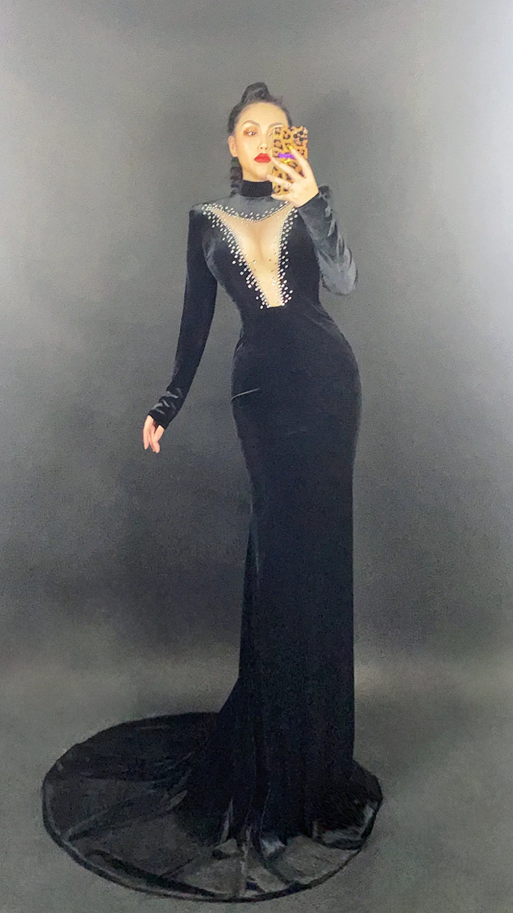 Black Mesh Backless Fashion Velvet Evening Celebrate Long Train Dress Women Prom Outfit Birthday Big Tail Costume | Тематическая