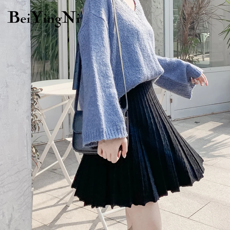 Beiyingni Женская мини-юбка с высокой эластичностью Ulzzang A Line плиссированные юбки трикотажные сексуальные новое поступление короткие теплые элегантные Saia Faldas