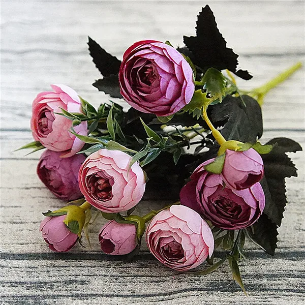 9 головок/Букет мини Поддельные чайные розовые цветы пиона для дома свадебный Декор искусственные розы Penoy бутон для декора комнаты 4 - Цвет: D