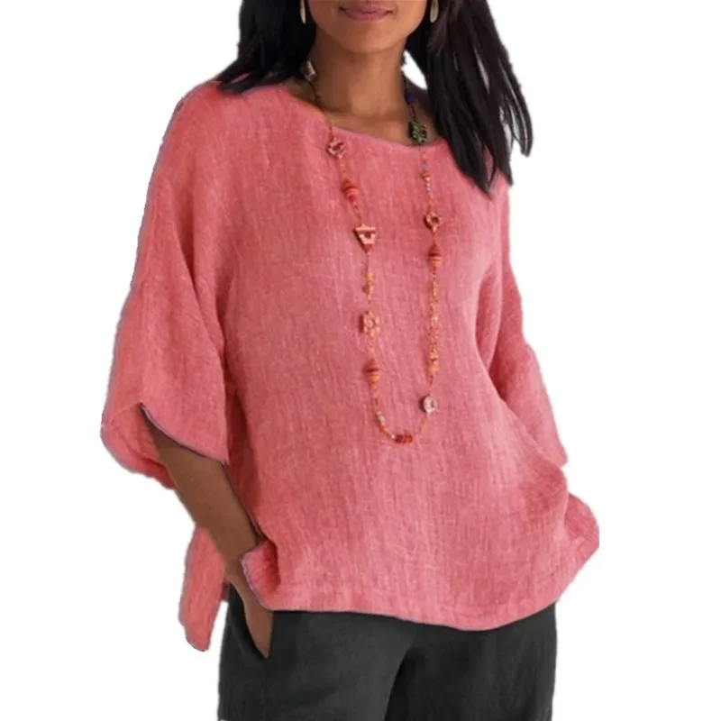 Vintage camisa de lino y algodón de otoño nuevo tamaño grande S-5XL tres cuartos de Color sólido blusa de mujer floja Tops Streetwear camiseta Casual