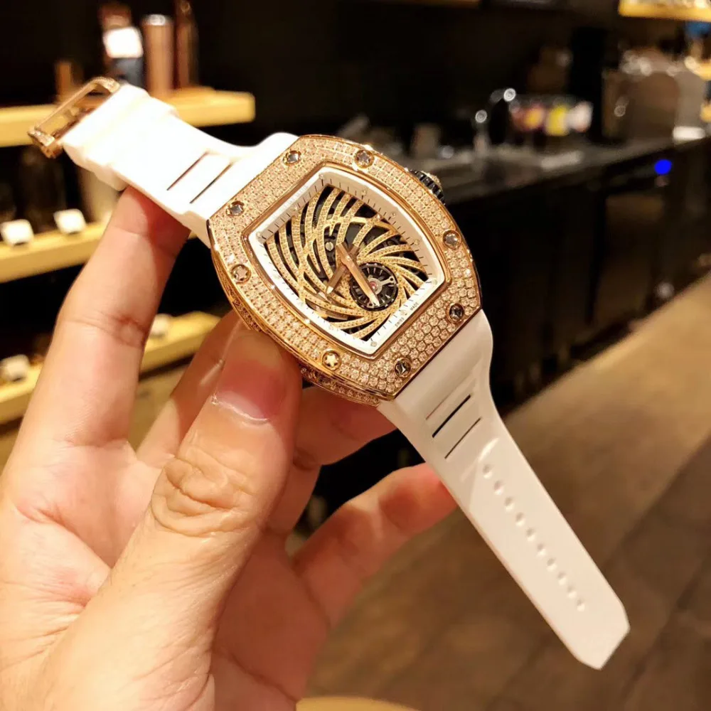 

Luxury Brand New Automatic Mechanical Men Watch Sapphire Rose Gold Transparent Silver MoonPhase Black Blue Rubber Diamond Bezel