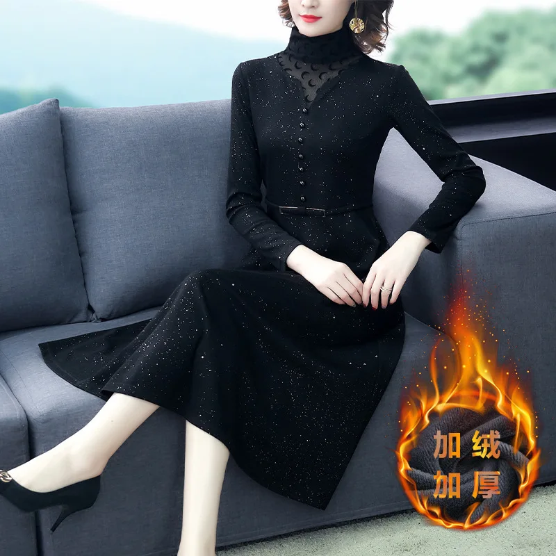 

Fleece Lining Black Dress 2019 Autumn And Winter New Style Elegant Lady Western Style High-End Waist Hugging Underwear over-the-