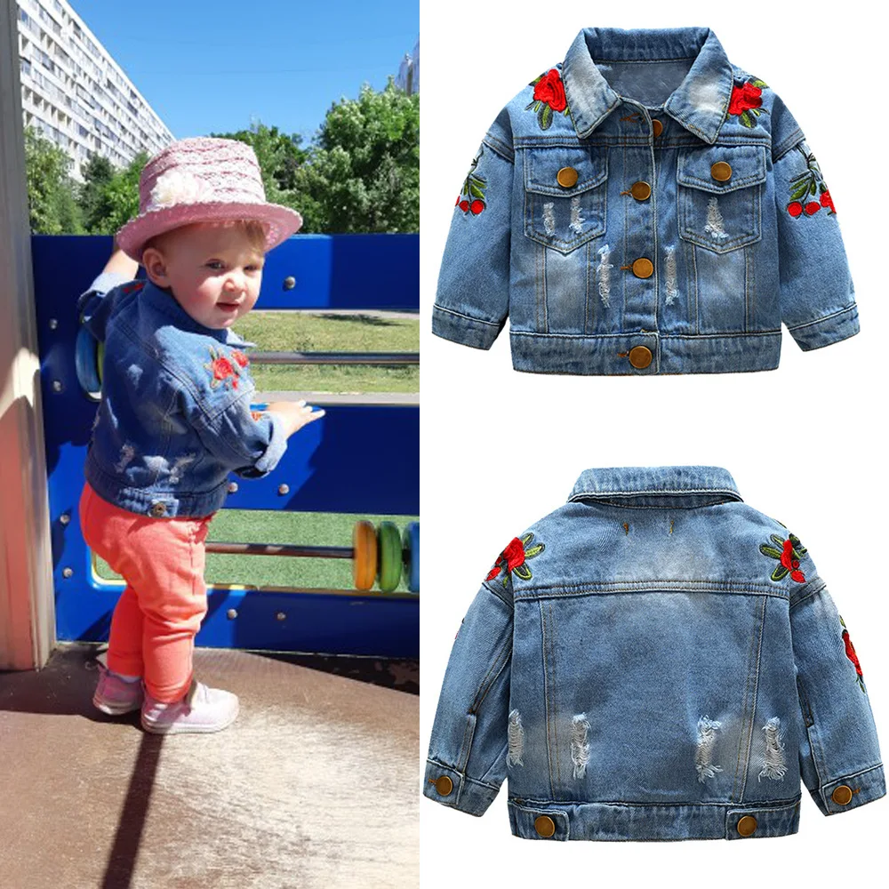 

South Korea Childrenswear 2019 Autumn And Winter New Style Baby GIRL'S Coat Rose Embroidery Cowboy Short Tops Hot Selling Hot Ba