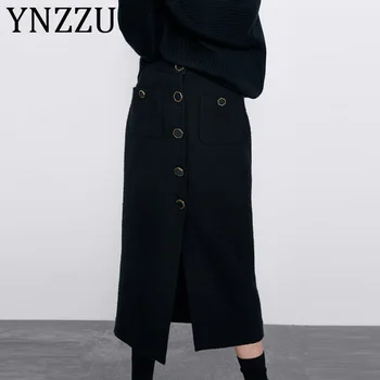 

YNZZU Elegant Tweed Straight Skirt Women 2020 New High Waist Buttons Mid-Calf Split Ladies Skirts Office Lady Clothing AB280