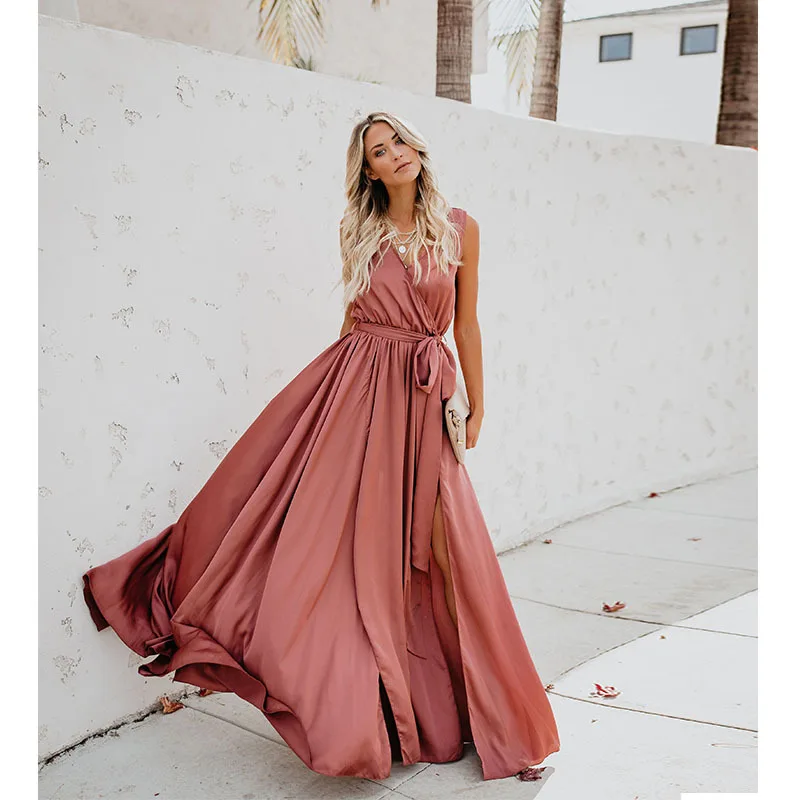 

WOMEN'S Dress 2019 Summer New Style Bohemian Solid Color V-neck Sleeveless High Slit Big Hemline Dress Long Skirts