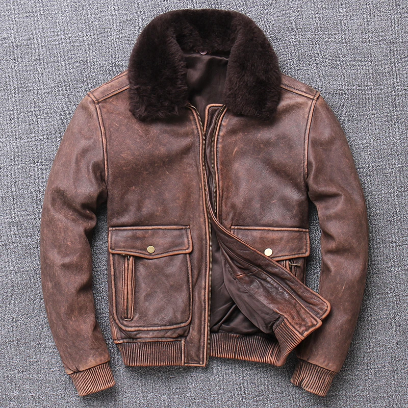 

Mens Brown Air Force Flight Leather Jacket Vintage Wool Collar Plus Size Genuine Cowhide Winter Russian Aviator Pilot Coat Male