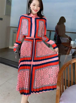 

High Quality Spring 2 pieces Sets Women 2020 New Fashion Print Blouse and Pleated Skirt Set