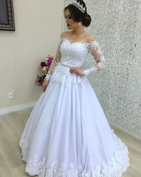 Свадебное платье в мусульманском стиле с длинным рукавом, Vestido De Noiva, Тюлевое платье невесты с аппликацией, Роскошные свадебные платья