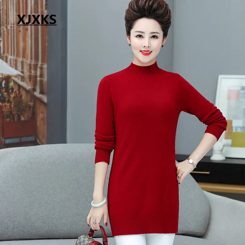 XJXKS winter new high-end wool women knitted dress loose plus size comfortable casual women turtleneck sweater - Цвет: Бургундия
