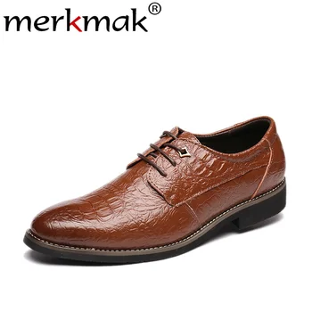 

Merkmak Pointed Toe Leather Dress Shoes Fashion Crocodile Pattern Formal Shoes Big Size Lace-up Men Footwear for Party Wedding