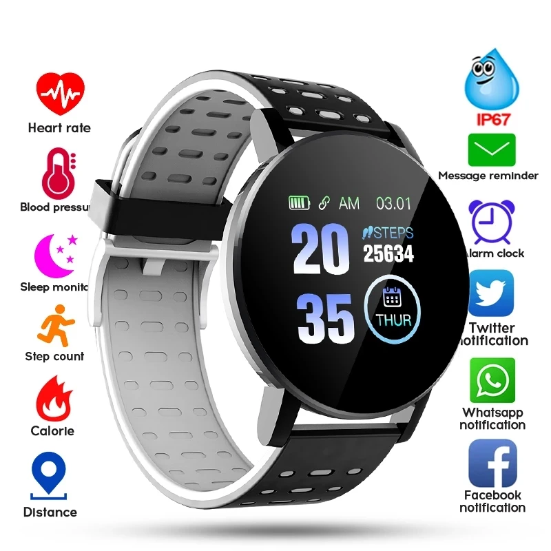 

119 Plus Bluetooth Smart Watch Men Blood Pressure Waterproof Sport Round Smartwatch Women Clock Fitness Tracker for Android IOS