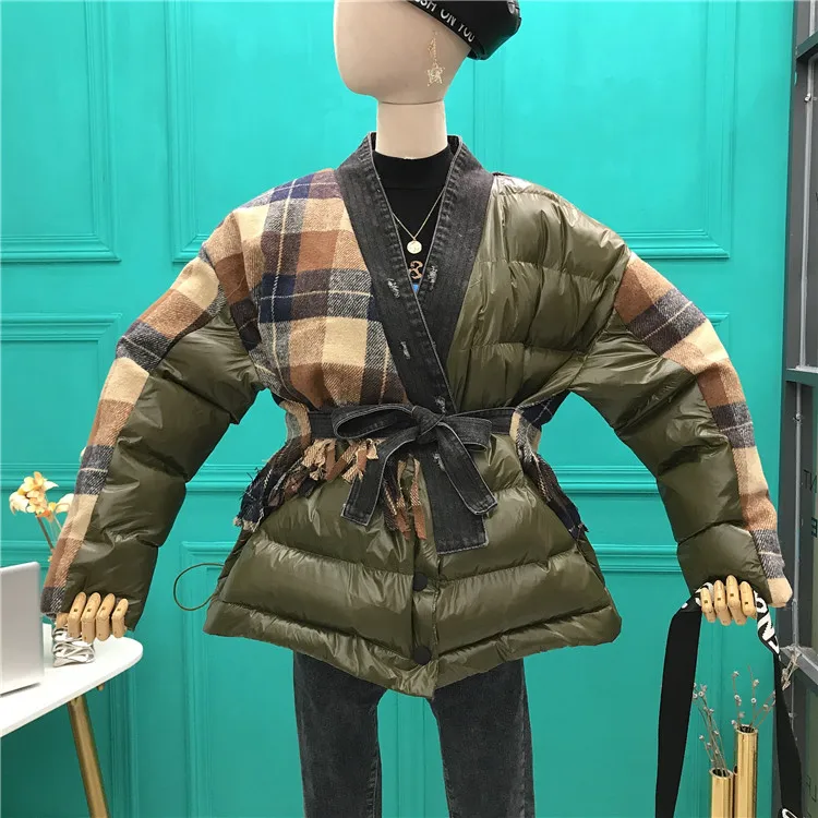 

Cotton women 2019 winter new Korean version of the cowboy collar stitching lattice wool tassels slimming cotton coat women