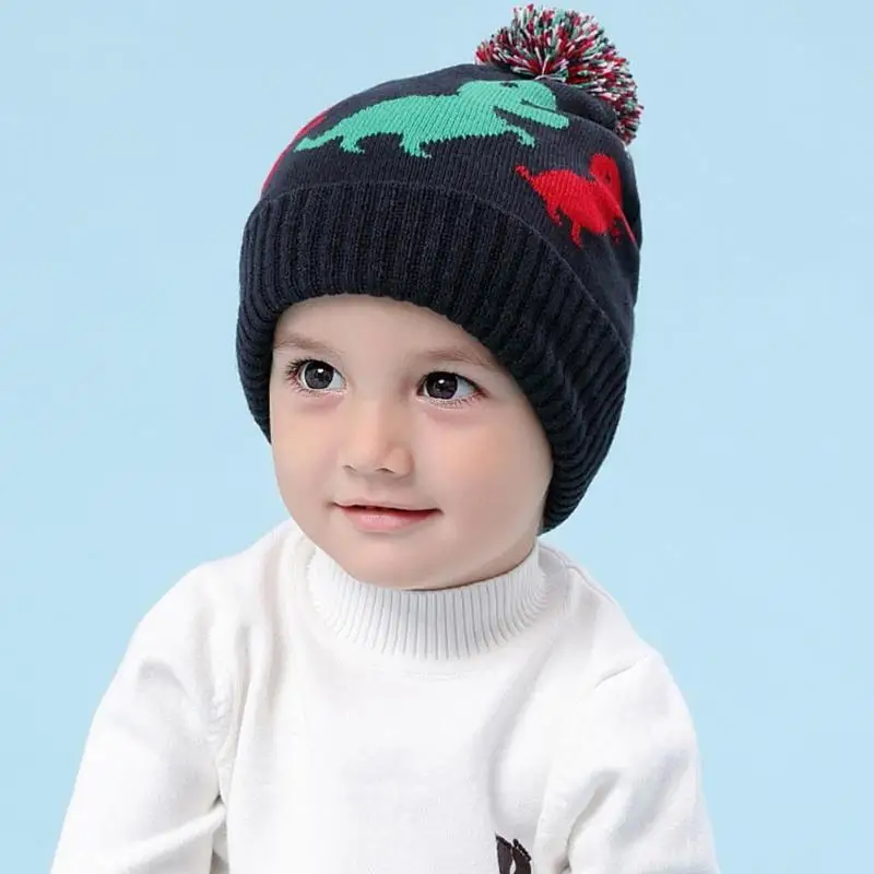 

Christmas Winter Warm Baby Hat Cute Kid Boys Girls Cartoon Dinosaur Print Pompom Knitted Cap Kids Baby Soft Warm Hat Beanie Cap
