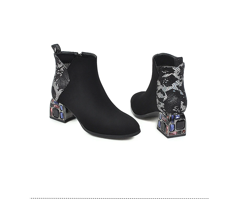 BESCONE Stylish Women Mid-Calf Boots Winter Handmade Snake Pattern Zip Square Heel Shoes Microfiber Round Toe Lady Boots BM307