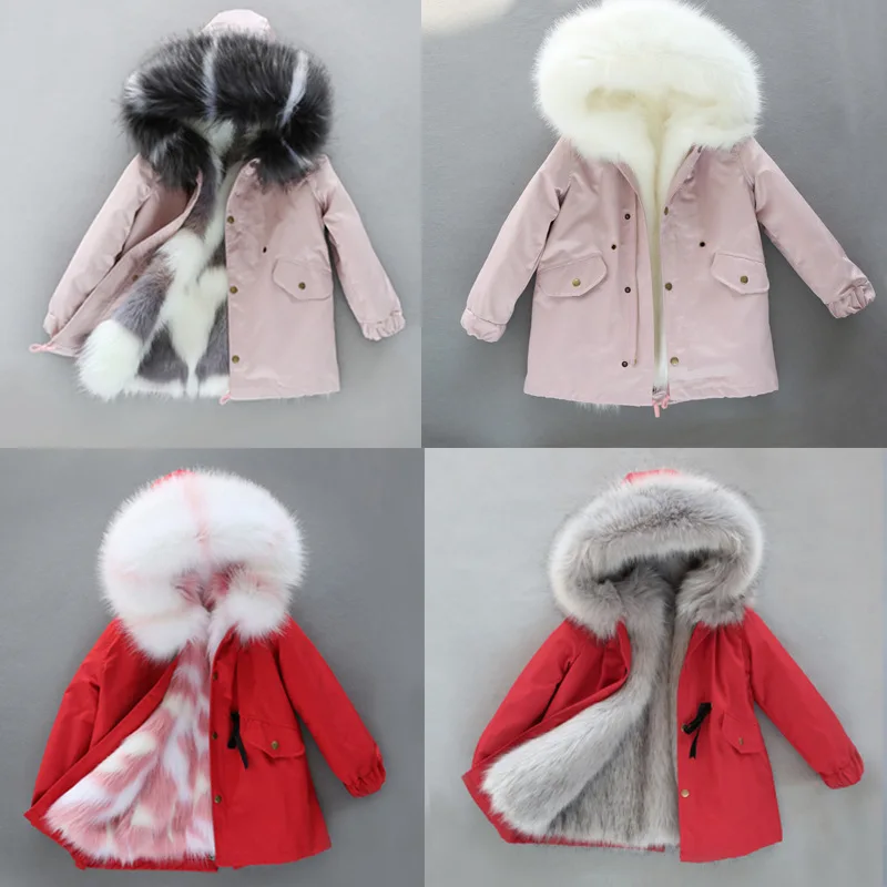 Dollplus/-30 градусов новая одежда для девочек с длинными рукавами, одежда с мехом зимняя куртка теплая детская одежда утепленный пуховик с капюшоном, пальто из искусственного меха подростков верхняя одежда; парка