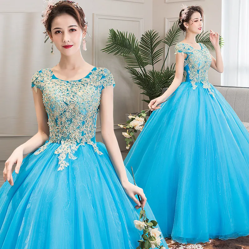 

2019 New Fashion Blue Ball Gown Tulle Lace Beading Luxury Big Fluffy Evening Dresses Elegant Evening Gowns HL01