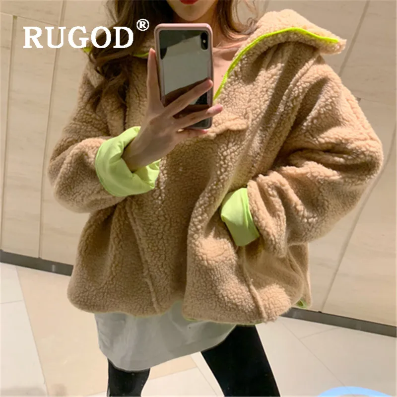 RUGOD модное однотонное флисовое пальто для женщин корейский стиль воротник-стойка