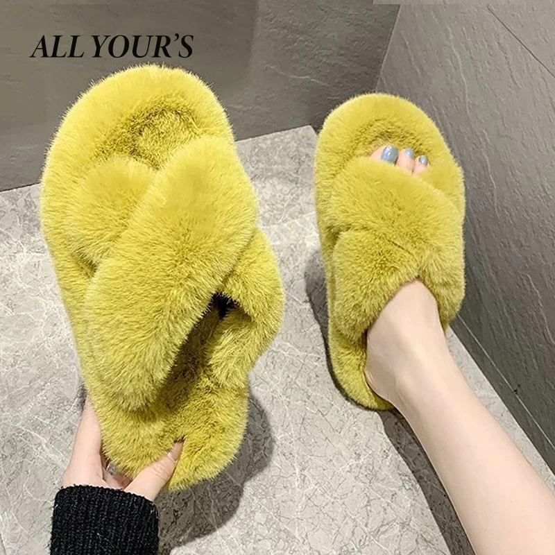 

2021 Fluffy Home Slippers Women Open Toe Slip on Soft Slippers House Faux Fur Slippers Cozy Furry Slides Floor Plush Warm Shoes
