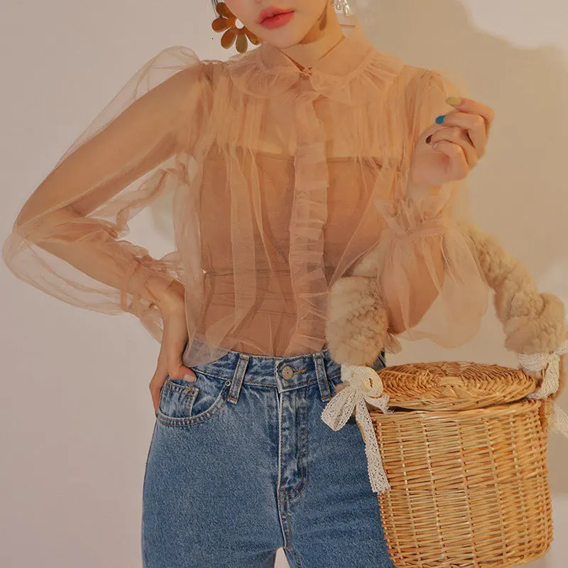 

[EWQ] 2019 Spring Autumn High Quality Peter Pan Collar Long Sleeve Solid Thin Tulle Patchwork Casual Shirt Women AH51211