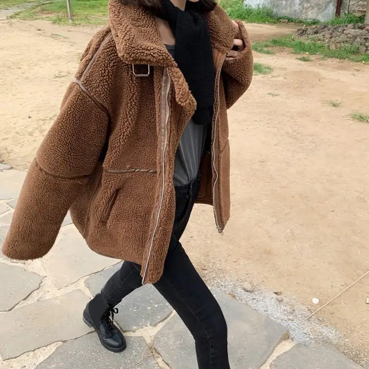 ##BUY 2019 Winter Women Short Coat Granular Velvet Long Sleeve Teddy Jacket Pockets Loose Thicken Warm Faux Fur Coat