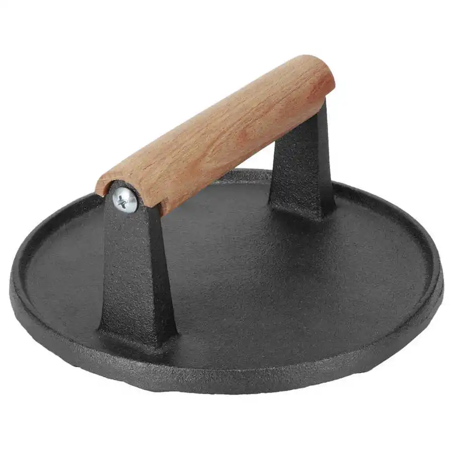 Round BBQ Tool Cast Iron Wooden Handle Steak Press Grill Roast Fried Meat Pressure for Burgers &ampSausage Kitchen |