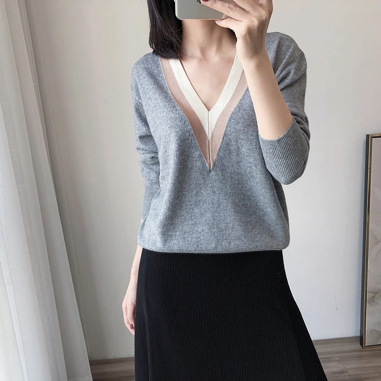 

Women Elegant Woolen Knitted Sweater V Neck Stripe Patchwork Knitted Pullover