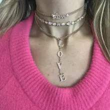 Широкий Снаряженный КУБИНСКИЙ звено цепи для женщин колье Лариат многослойное ожерелье золото розовое золото любовное письмо подарок подруге ювелирные изделия