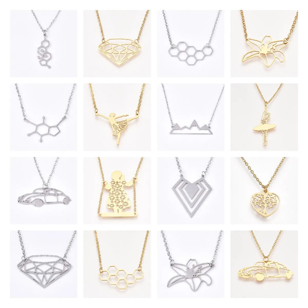 

10pcs Stainless Steel Necklace Honeycomb Flower Diamond Heart Hollow Pendant Choker Chain For Women Men Party Jewelry Gift Joyas