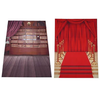 

2Pcs Photography Backdrops Photo Props Studio Background 5X7Ft - Vintage Library Books Wooden Floor & Red Carpet Curtain