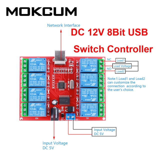 DC 12V 8Bit USB Switch Controller Relais Rele 12v 8CH Relay Module  8-Channel Intelligent Controller