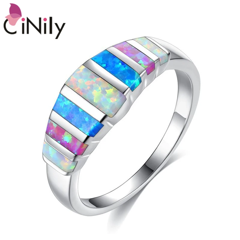 

CiNily Rainbow Big Fire Opal Stone Rings Silve Blue White Pink Colorful Engagement Finger Ring Summer Jewelry Women Girl