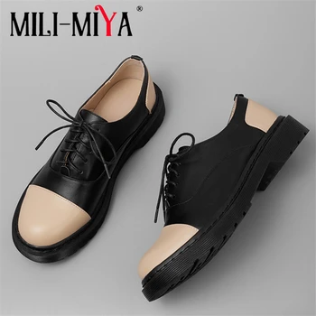 

MILI-MIYA Fashion Women Career&Office Cow Leather Pumps Lace-Up Round Toe Mixed Color Square Heels Spring Autumn Shoes For Lady