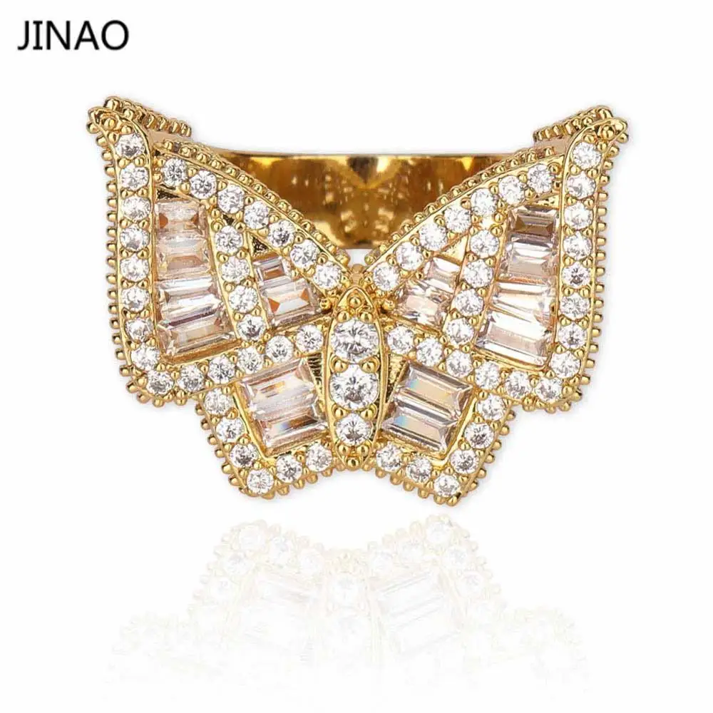 JINAO Мода Ice Out хип-хоп AAA циркон бабочка кольцо качество ювелирных изделий золотого и серебряного микро кольцо с мозаикой камней для мужчин женщин подарок