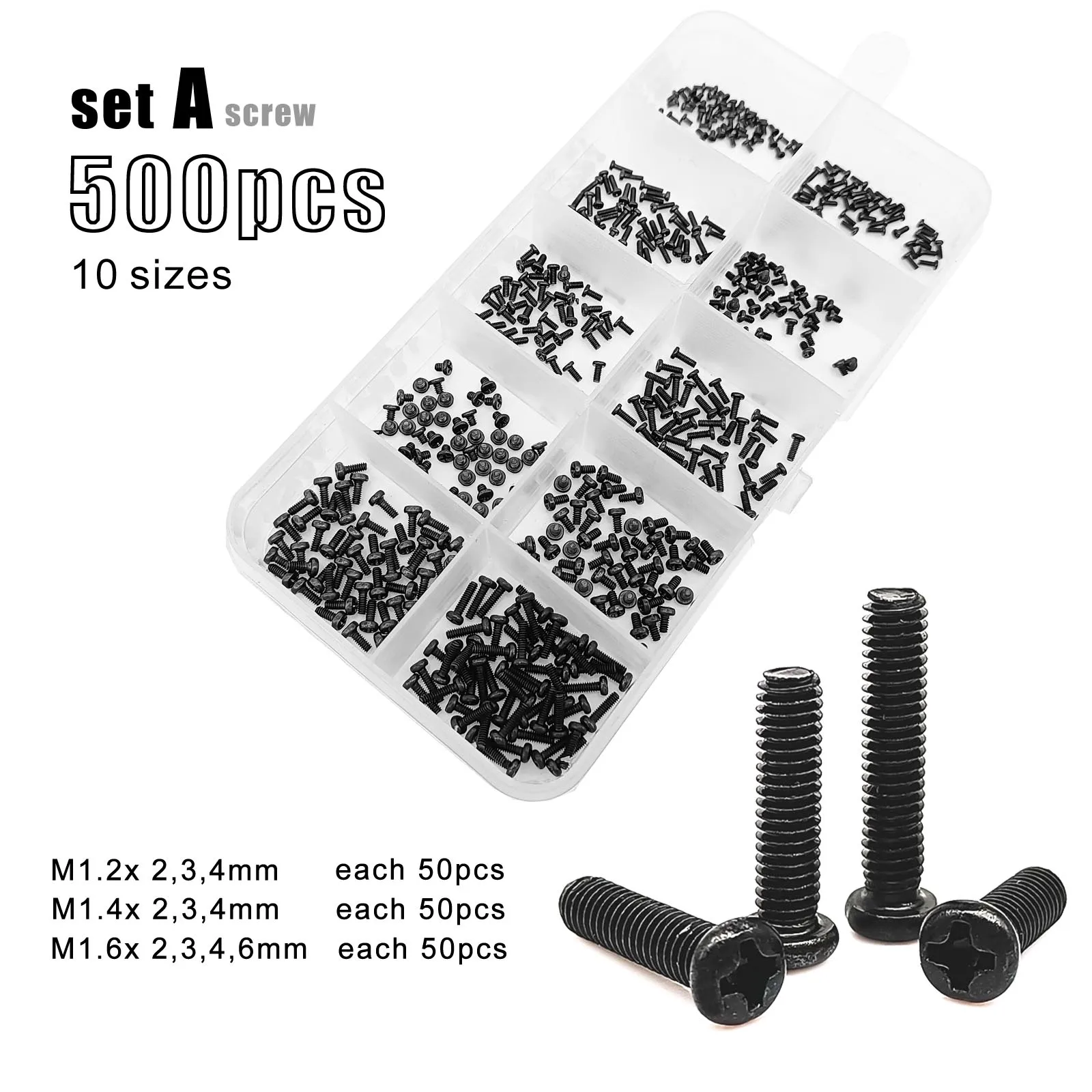 400/500/1010/2100pcs M1.2 M1.4 M1.6 M2 M2.5 M3 M4 검정색 강철 소형 필립스 크로스 라운드 팬 헤드 나사 볼트 세트 구색 키트