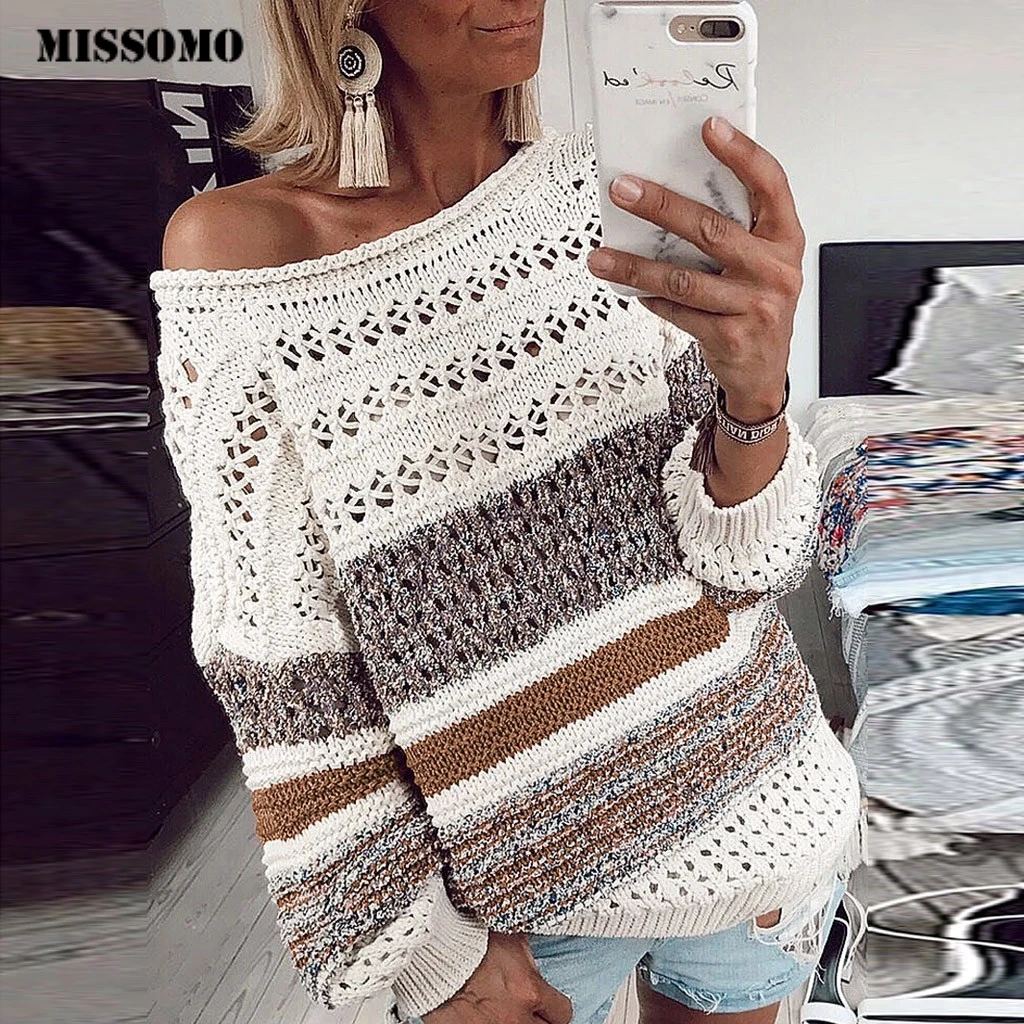 MISSOMO Winter Knitted sweater women 2019 pullover sweater jumper Stripe O-Neck Hollow Out Long Sleeve Sweaters pull femme hiver