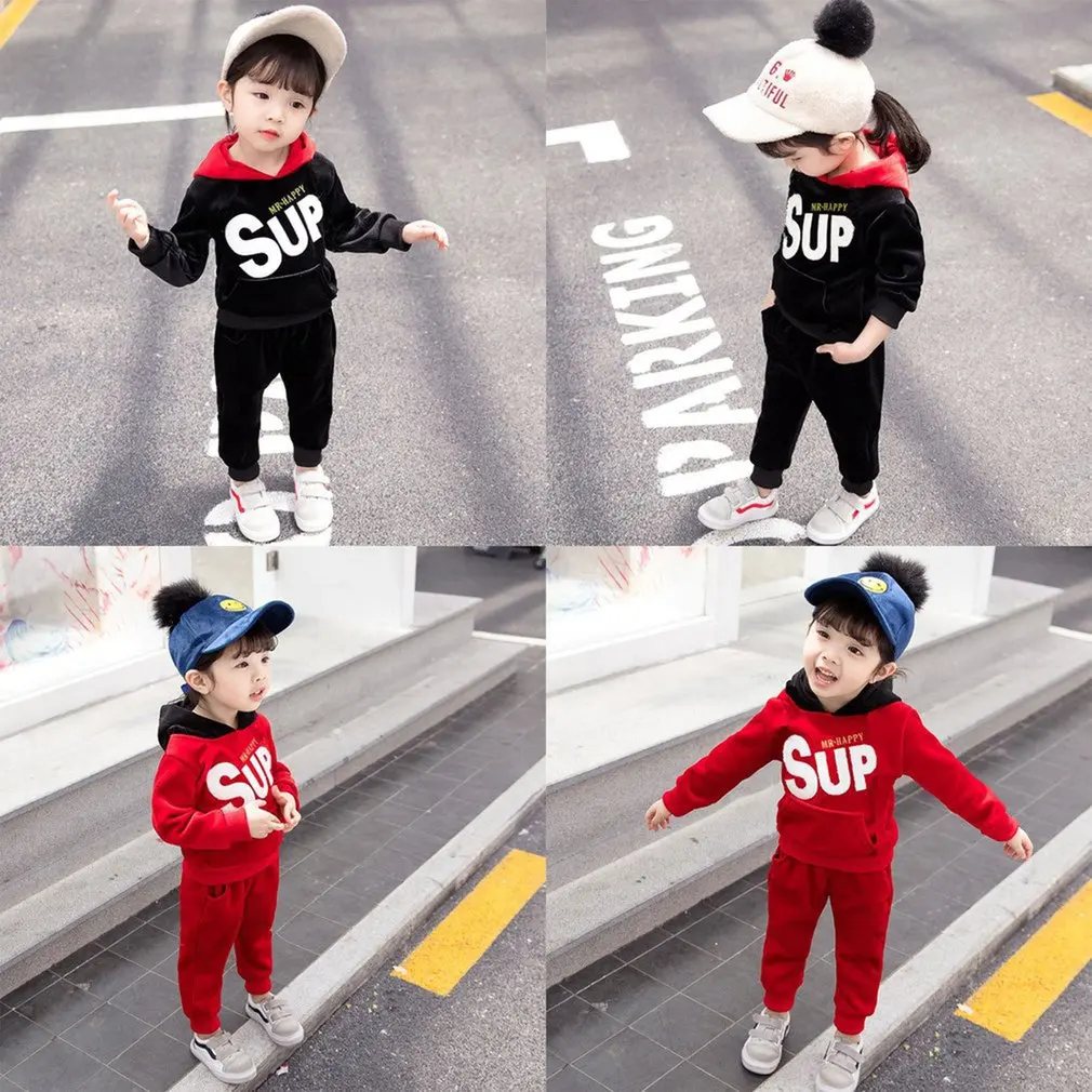 Модный Теплый Бархатный Костюм золотистого цвета, топ и штаны, детская зимняя теплая одежда для девочек, Повседневная компактная Милая одежда