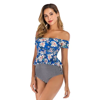 

2019 Printed Two-Piece Swimsuits Cross-Border Swimsuits Off Shoulder Print Wire One Shoulder High Waisted Bathing Suits