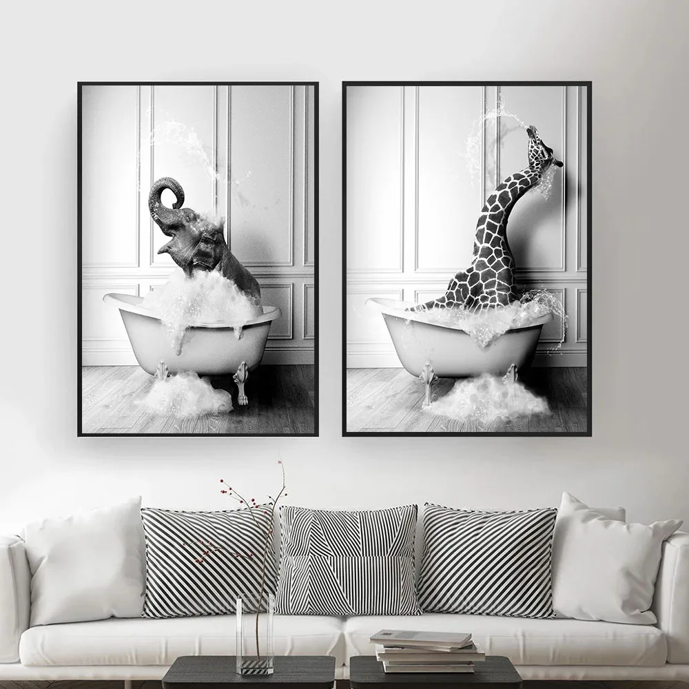 Canvas Painting Black and White Animals Bathroom Photo Wall Art Pictures Giraffe Elephant Bubble Funny Posters Animes Room Decor | Дом и сад
