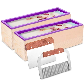 

Silicone Soap Molds Kit,Mold Making Tool 1200Ml Flexible Rectangular Loaf Comes with Wood Box,Stainless Steel Wavy & Straight Sc