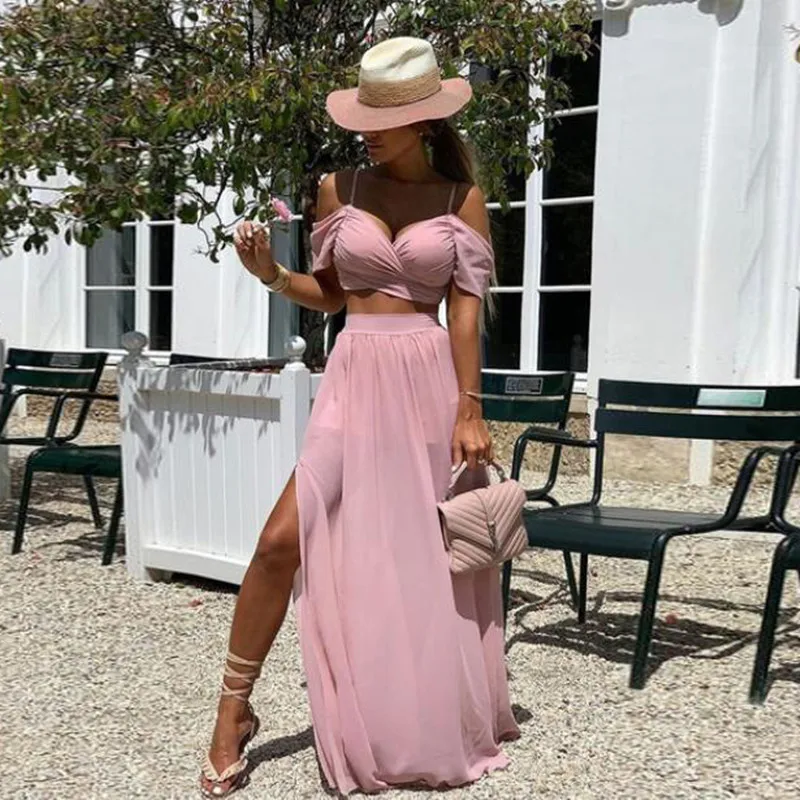 

Pink Chiffon Skirts Personalized Style Zipper Waistline A Line Floor Length Maxi Skirt Sexy Side Slit Long Skirts Women Custom