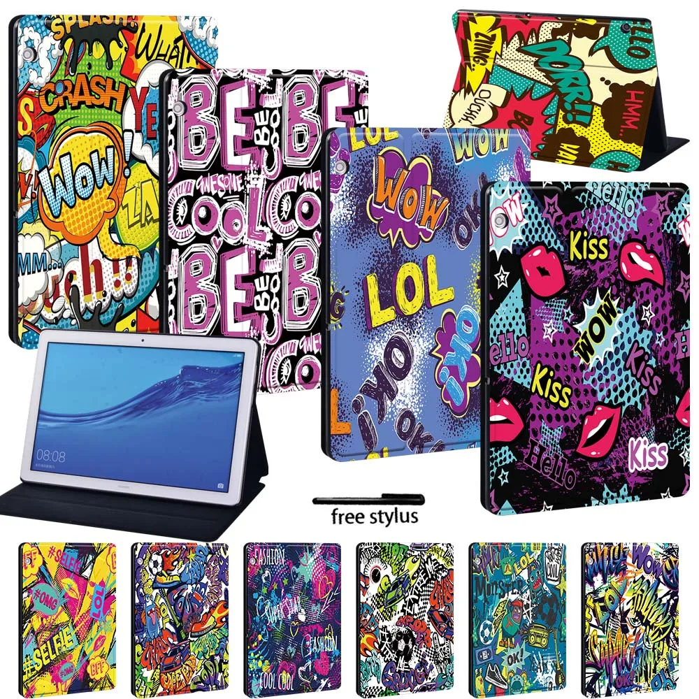 

Leather Folio Stand Tablet Case for Huawei MediaPad T3 8.0/T3 10 9.6 Inch/T5 10 10.1 Inch with Graffiti Series + Free Stlyus