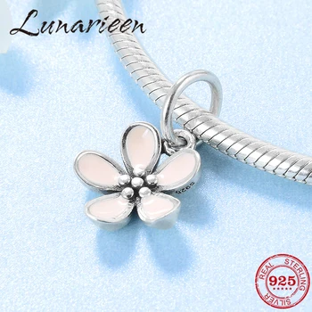 

100% 925 Silver Pink spring Flower Enamel Chams Pendant Beads Fit Original europeu charm Bracelet DIY fashion Jewelry Making