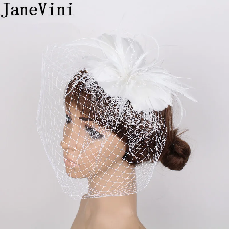 JaneVini 2020 New White Wedding Hat with Comb Veil Feather Wedding Hats Fascinators for Women Elegant Brides Hair Decoration