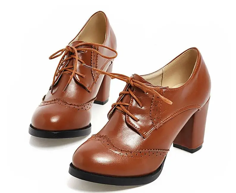 Vintage Women Lace Up Pumps Square Heel Pointed Toe 7.5CM High Shoes British Style Oxfords Low Top Student |