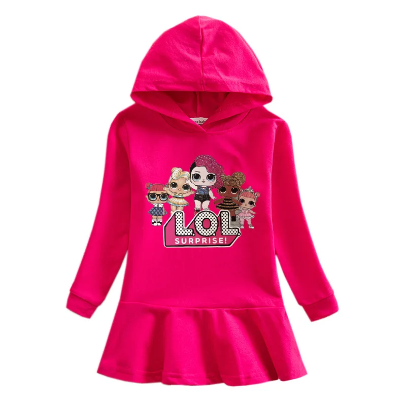 Girls Cartoon Hooded Sweater Dress Baby Doll Cotton Casual Dress Comfortable Cute Dress - Цвет: rose