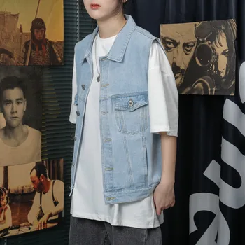 

Denim Vest Men's Fashion Washed Solid Color Casual Denim Vest Jacket Men Streetwear Wild Loose Gilet Coat Mens M-2XL