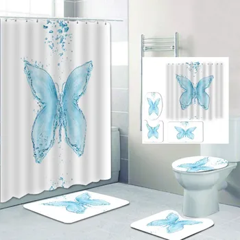 

Natural Scenery Printed Pattern Shower Curtain Pedestal Rug Lid Toilet Cover Mat Bath Mat Set Bathroom Curtains